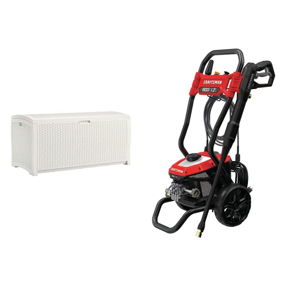 Suncast 99 Gal Resin Wicker Patio Storage Box Water Resistant Outdoor Storage Container White &amp; CRAFTSMAN Electric Pressure Washer