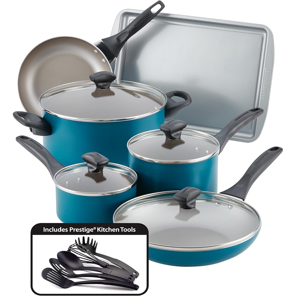 Farberware 20361 Dishwasher Safe Nonstick Cookware Set / Pots and Pans Set 15 Piece, Blue
