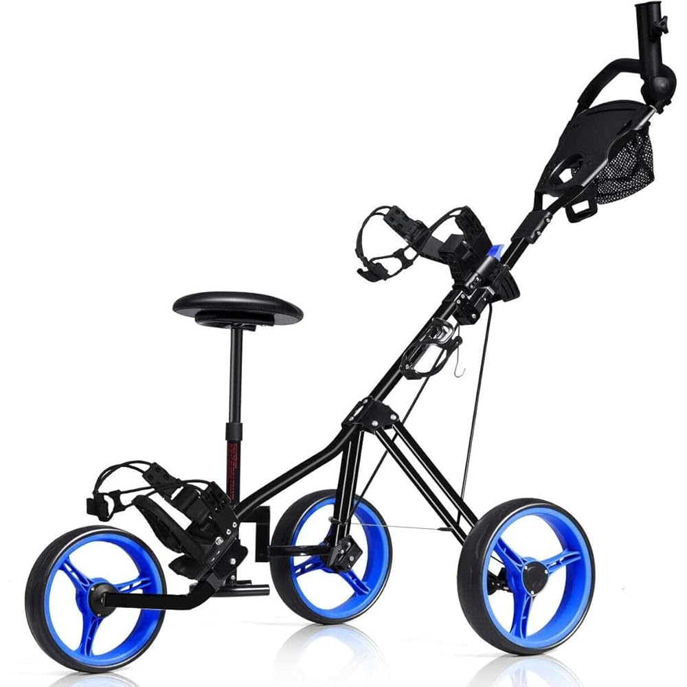 Graffy 3-Wheel Folding Golf Push Cart with Built-In Seat