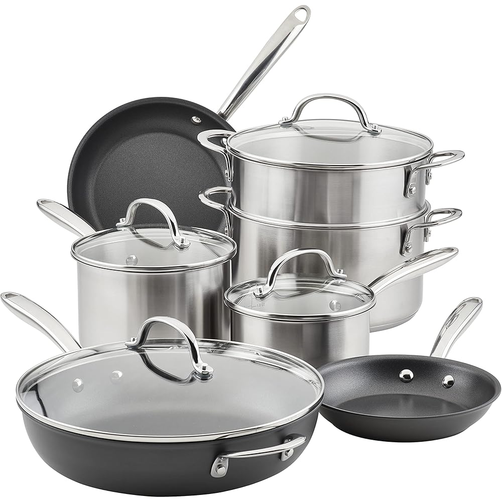 Rachael Ray 70033 Professional Stainless Steel/Hard Anodized Nonstick Cookware Pots and Pans Set, 11 Piece Gray and Silver