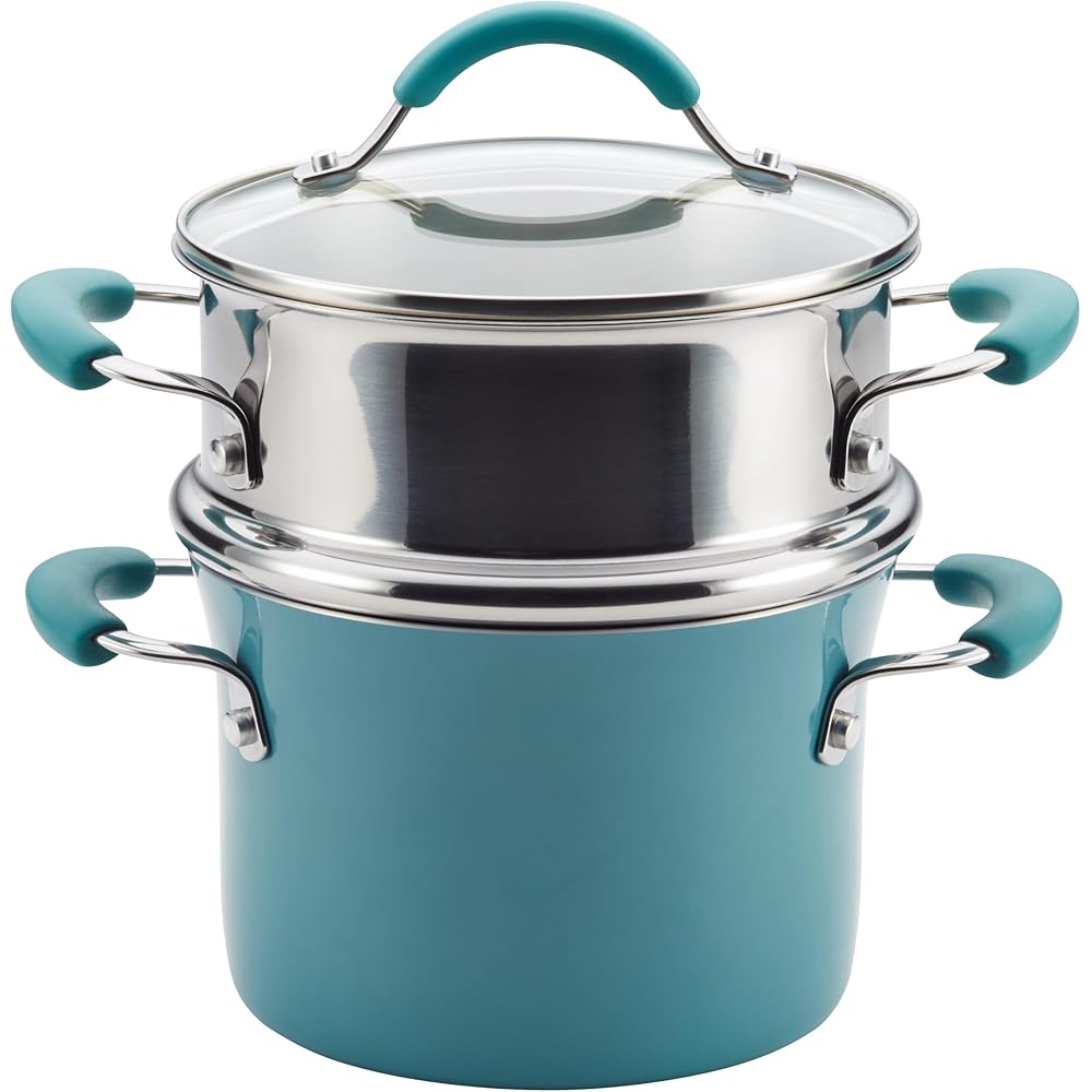 Rachael Ray Cucina Hard Porcelain Enamel Nonstick Multi-Pot / Steamer Set, 3-Quart, Agave Blue 16799