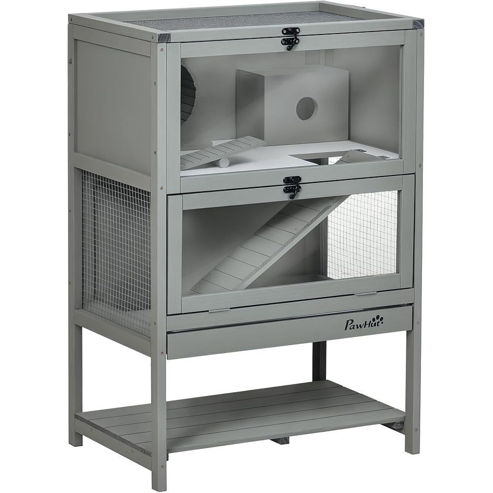 PawHut Wooden Hamster Cage with Lower Storage Shelf and Running Wheel