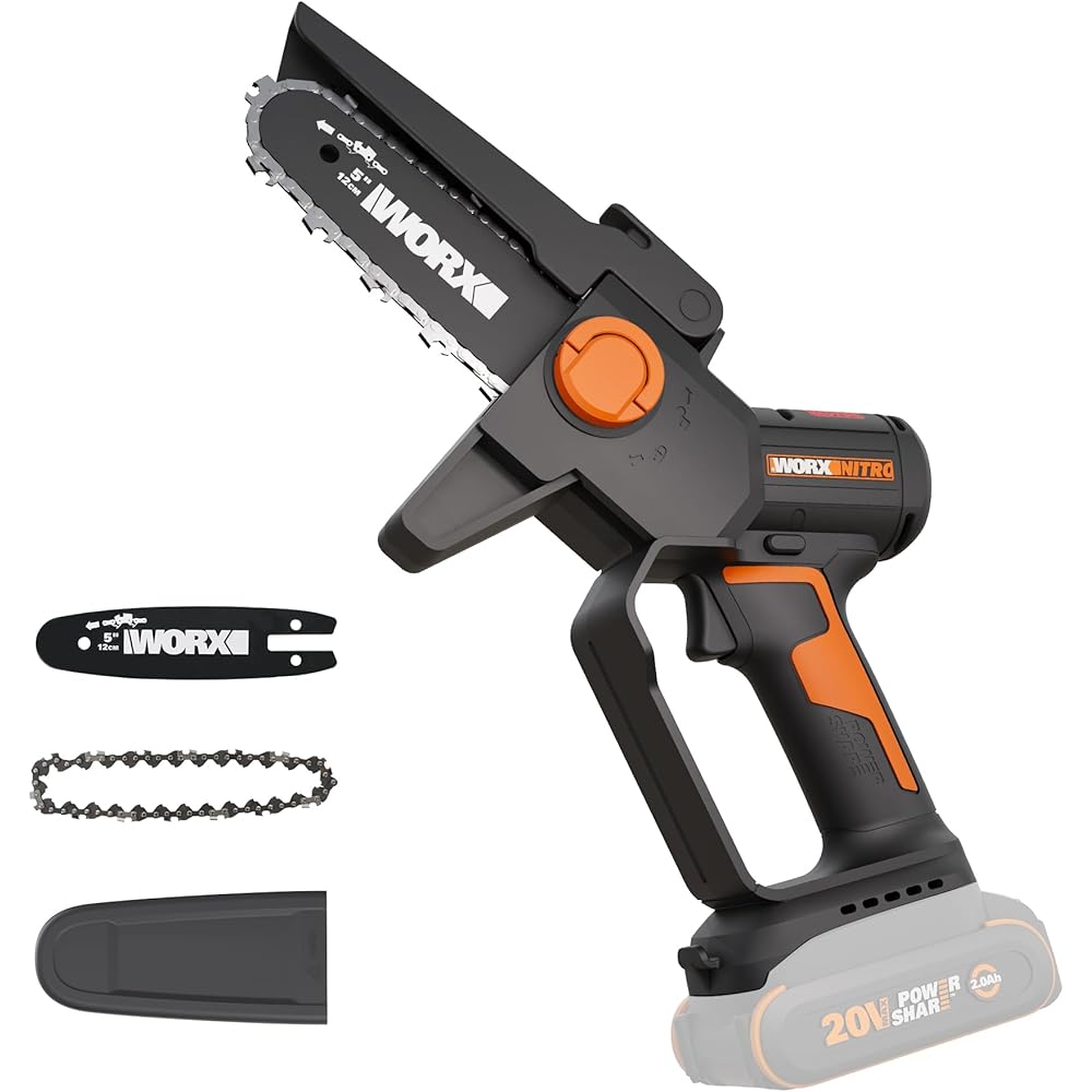 Worx 20V Cordless 5" Pruning Saw, Brushless Mini Chainsaw Cordless, Lightweight Electric Chainsaw 33 ft/s, Handheld Battery Chainsaw w/Tool-Less Chain Replacement Power Share WG325.9 – Tool Only