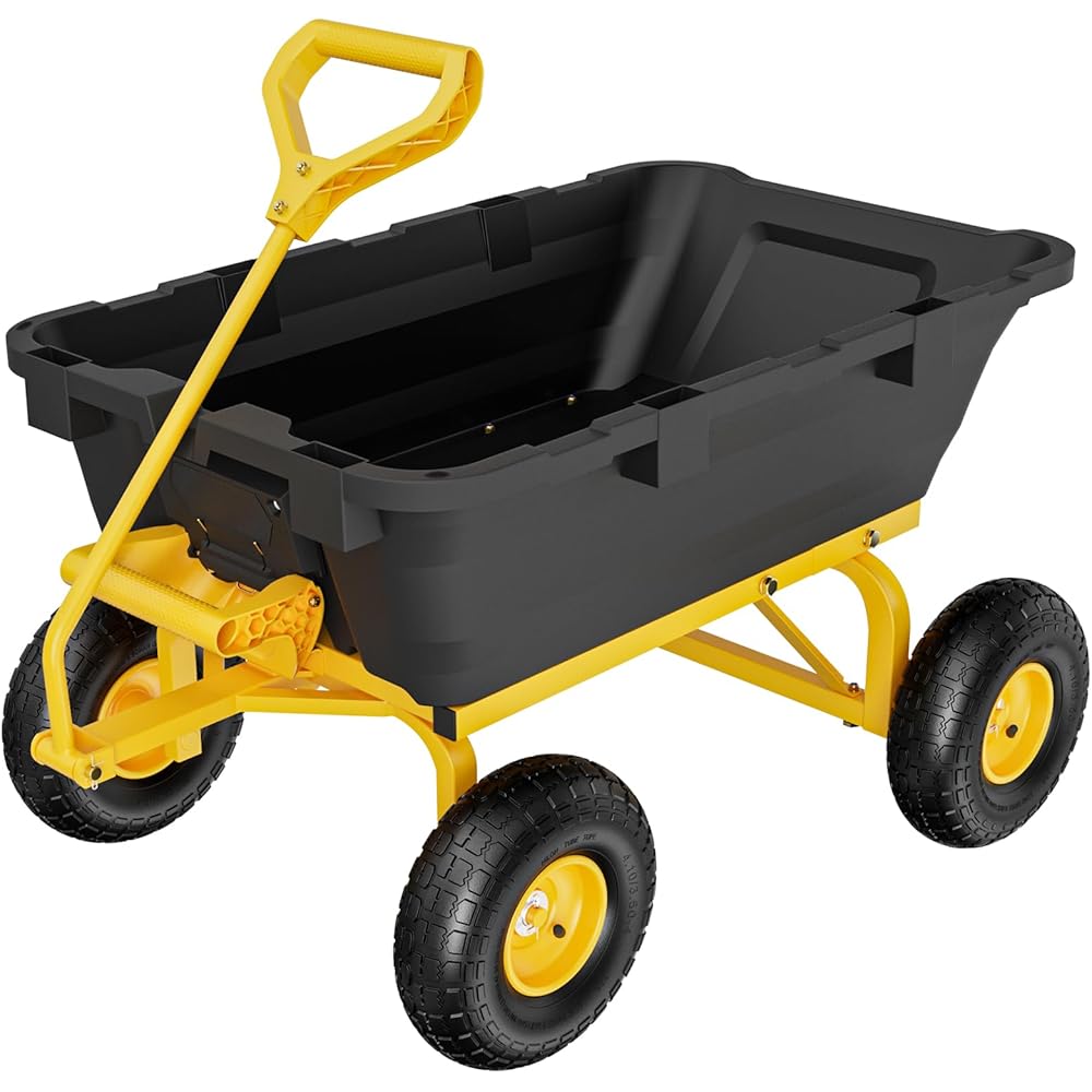 VINGLI Heavy Duty Dump Cart Wagon, 770LBS Quick-Release Dump Poly Wheelbarrow, 10in All-Terrain Pneumatic Tires Garden Wagon for Garden, Yard, Beach