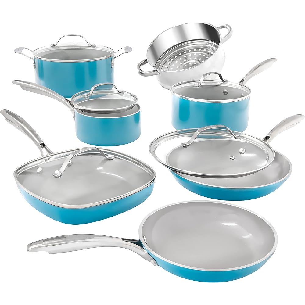 Gotham Steel Aqua Blue Pots and Pans Set, 12 Piece Nonstick Ceramic Cookware, Includes Frying Pans, Stockpots &amp; Saucepans, Stay Cool Handles, Oven &amp; Dishwasher Safe, 100% PFOA Free, Turquoise