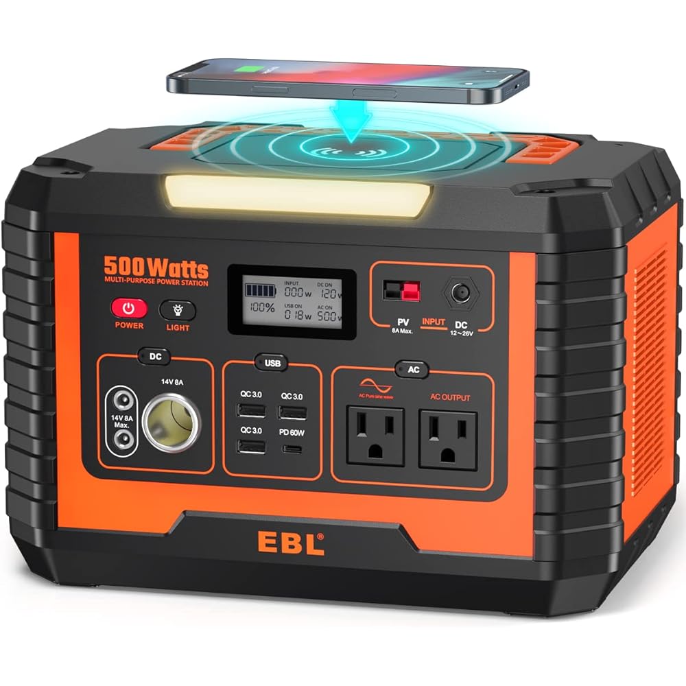 EBL Portable Power Station 500, 519.4Wh Outdoor Solar Generator with 110V/500W AC Outlet for Home Use, Emergency Backup, Camping