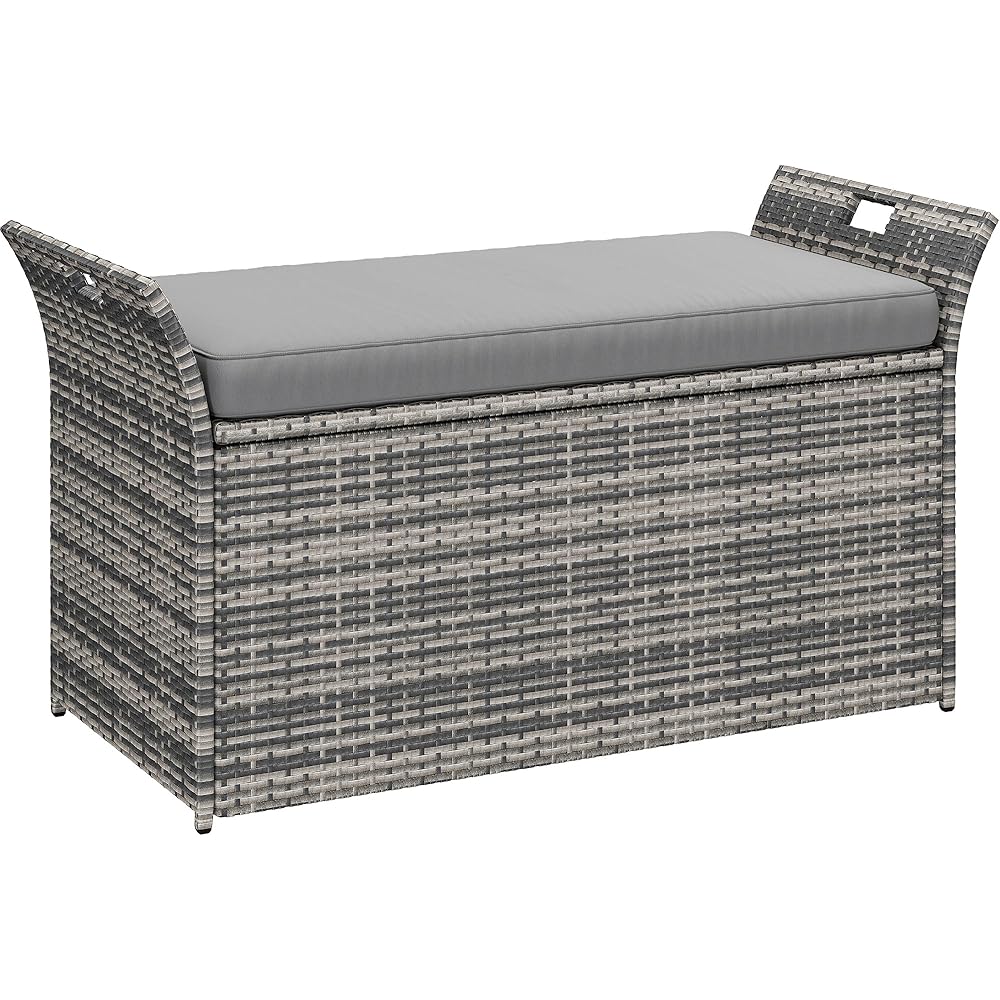 YITAHOME 90 Gallon Outdoor Wicker Storage Bench w/Cushion, Large PE Rattan Deck Storage Box w/Handles &amp; Hydraulics for Patio Furniture, Cushions, Garden Tools, Pool &amp; Sports Equipment, Gray