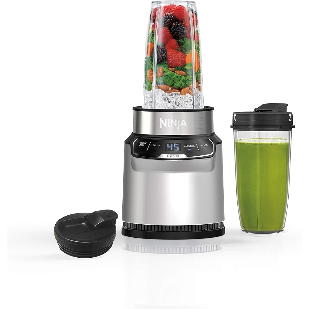 Ninja BN401 Nutri Pro Compact Personal Blender, Auto-iQ Technology, 1100-Peak-Watts, for Frozen Drinks, Smoothies, Sauces &amp; More, with (2) 24-oz. To-Go Cups &amp; Spout Lids, Cloud Silver