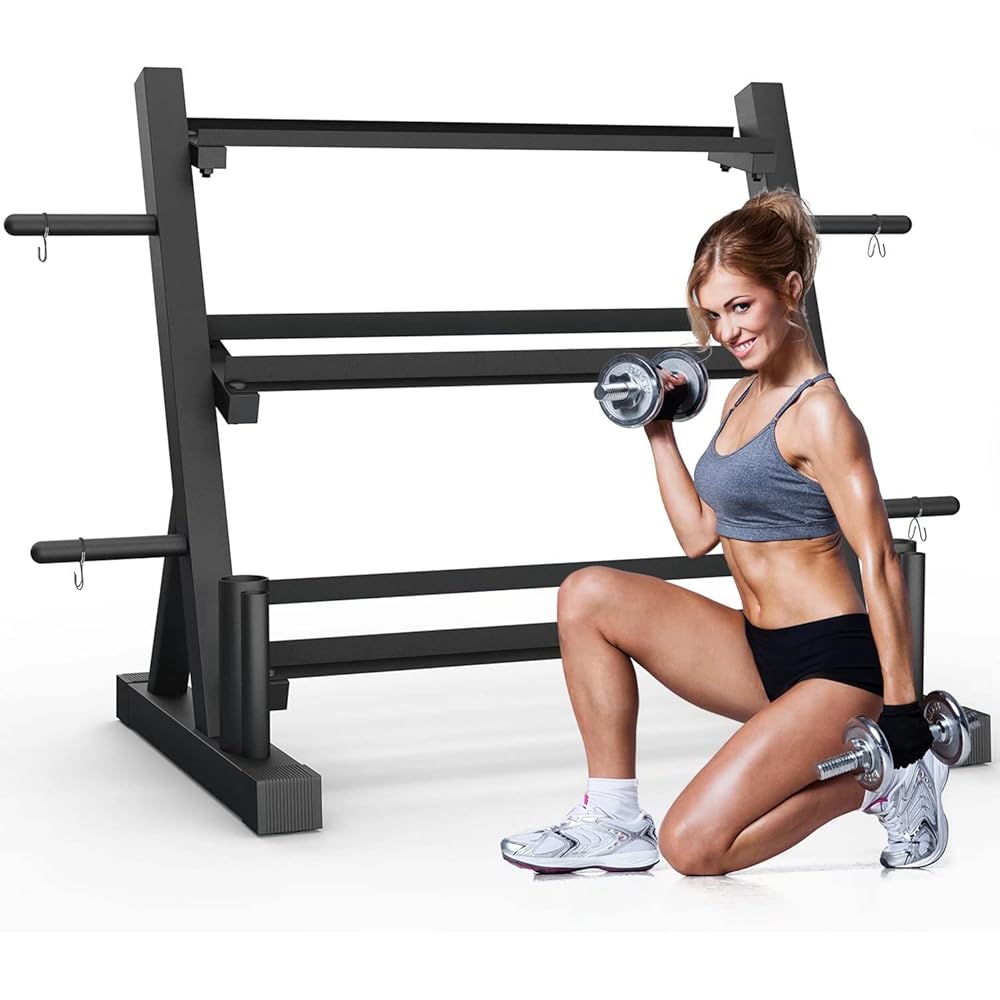 3-Tier Dumbbell Rack Stand for Home Gym, Free Weights Storage Steel Racks for Dumbbells, Weight Plates, Barbell, 1200 LBS Weight Capacity, Black…