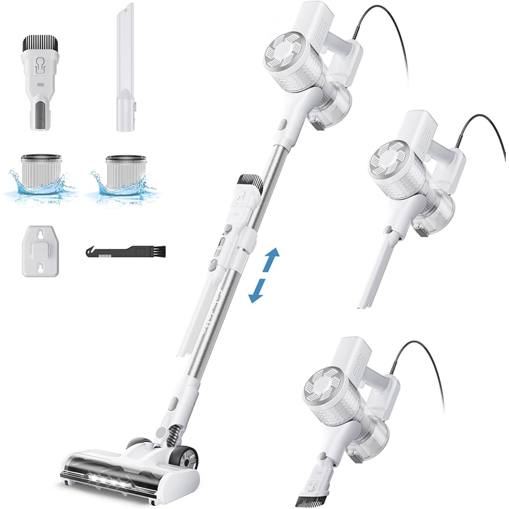 FABULETTA 23Ft Corded Stick Vacuum, 600W Power Stick Vacuum Corded with Telescopic Alloy Tube, 6 in 1 UltraLight Corded Vacuum Cleaner Converts to a Hand Vacuum, Great for Hair &amp; Hard Floor,Grey