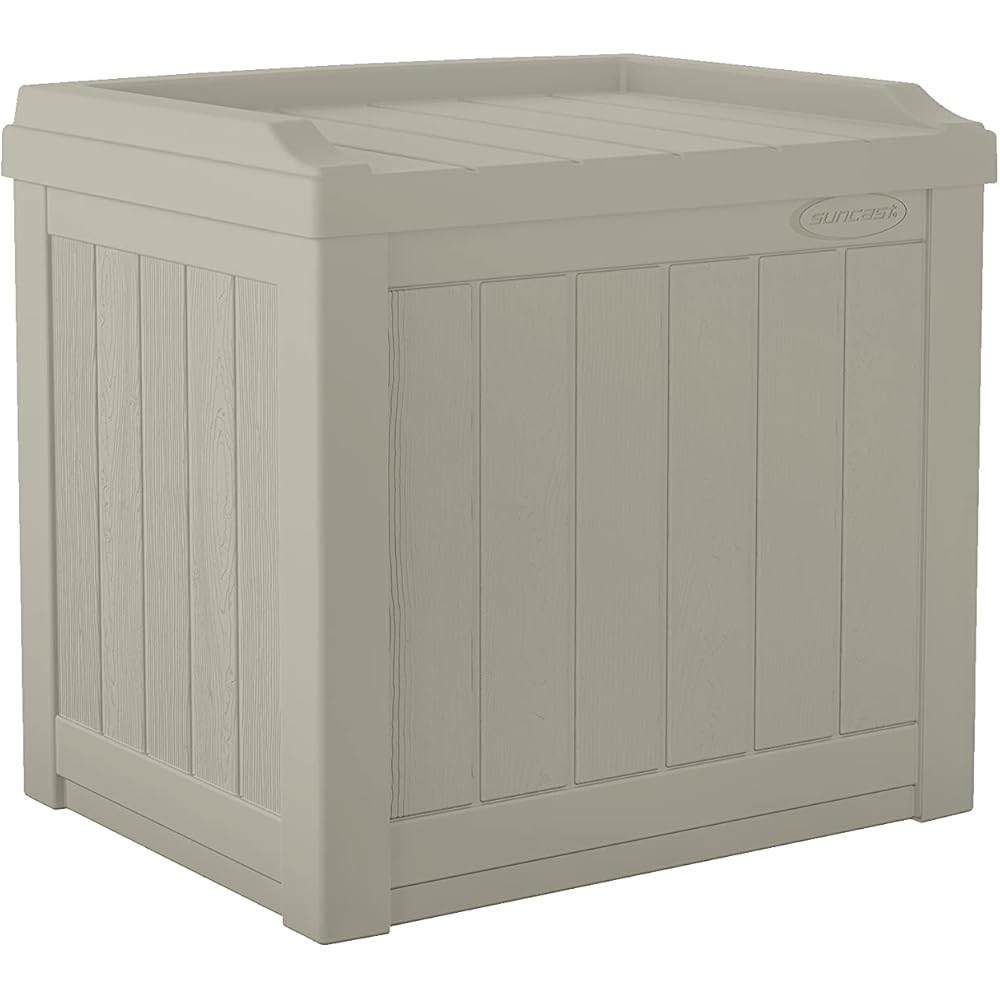 Suncast Small Deck Box-Lightweight Resin Indoor/Outdoor Storage Container and Seat Cushions and Gardening Tools Store Items on Patio, Garage, Yard, 22 Gallon, Light Taupe
