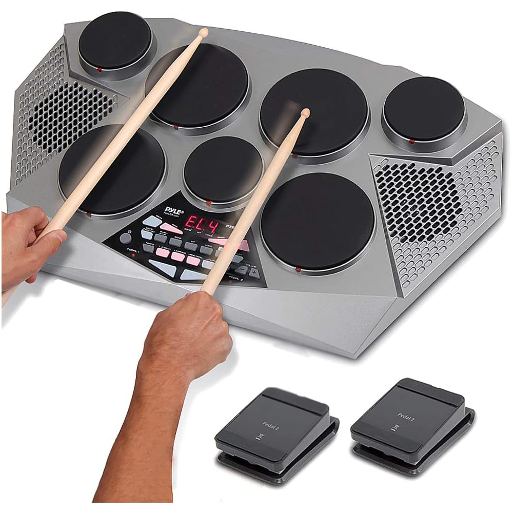 Pyle Pro Electronic Drum Kit Portable Electric Tabletop Drum Set Machine with Digital Panel, 7 Drum Pads, Hi-Hat/Kick Bass Pedal Controller USB AUX Tom-Toms, Hi-Hat, Snare Drums, Cymbals