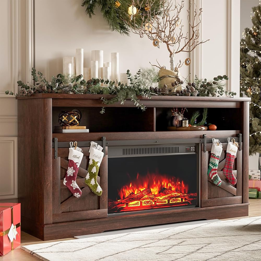 YESHOMY Fireplace TV Stand Entertainment Center for TVs up to 65-Inch (Dark Brown)