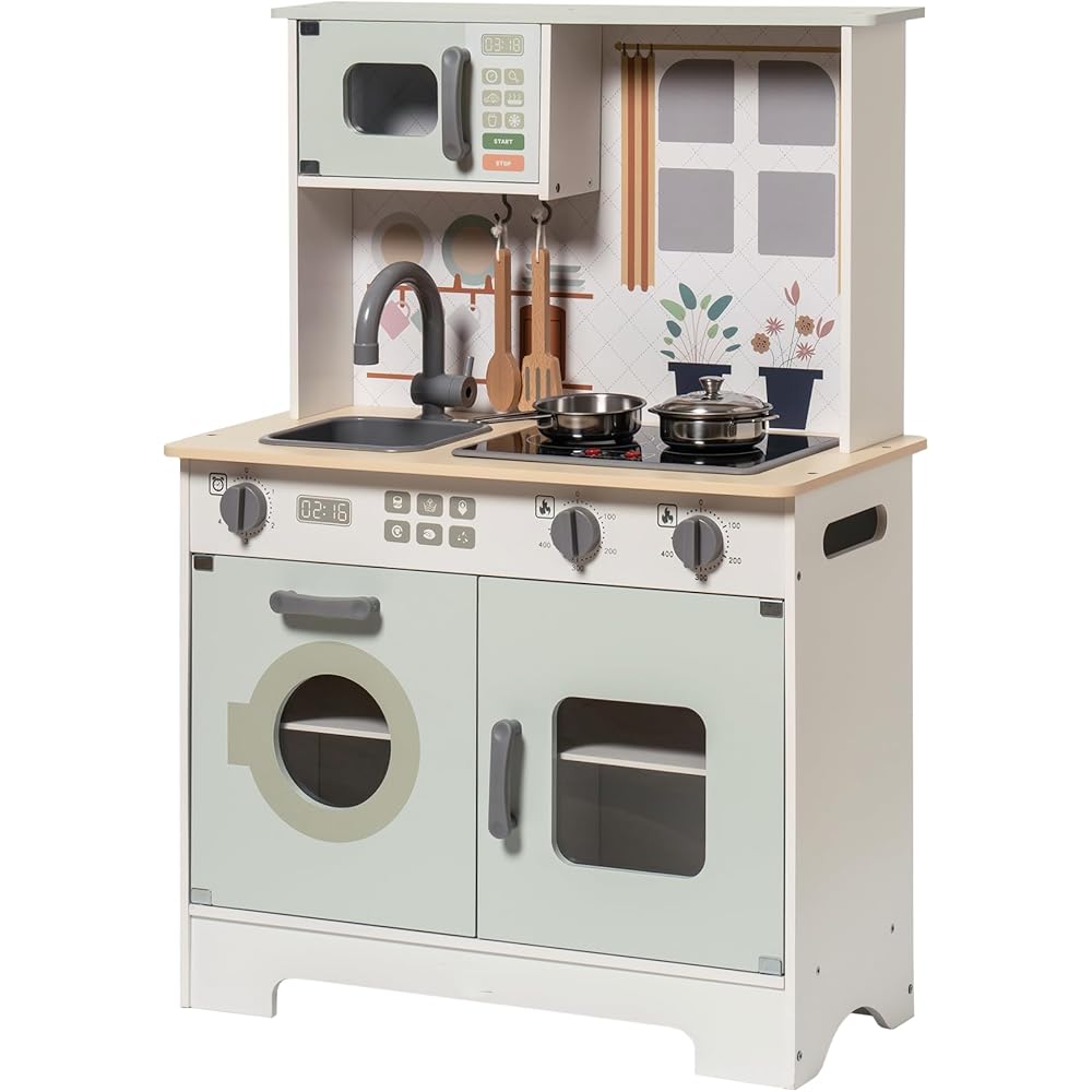 Robotime Wooden Play Kitchen Playset with Realistic Lights and Sounds