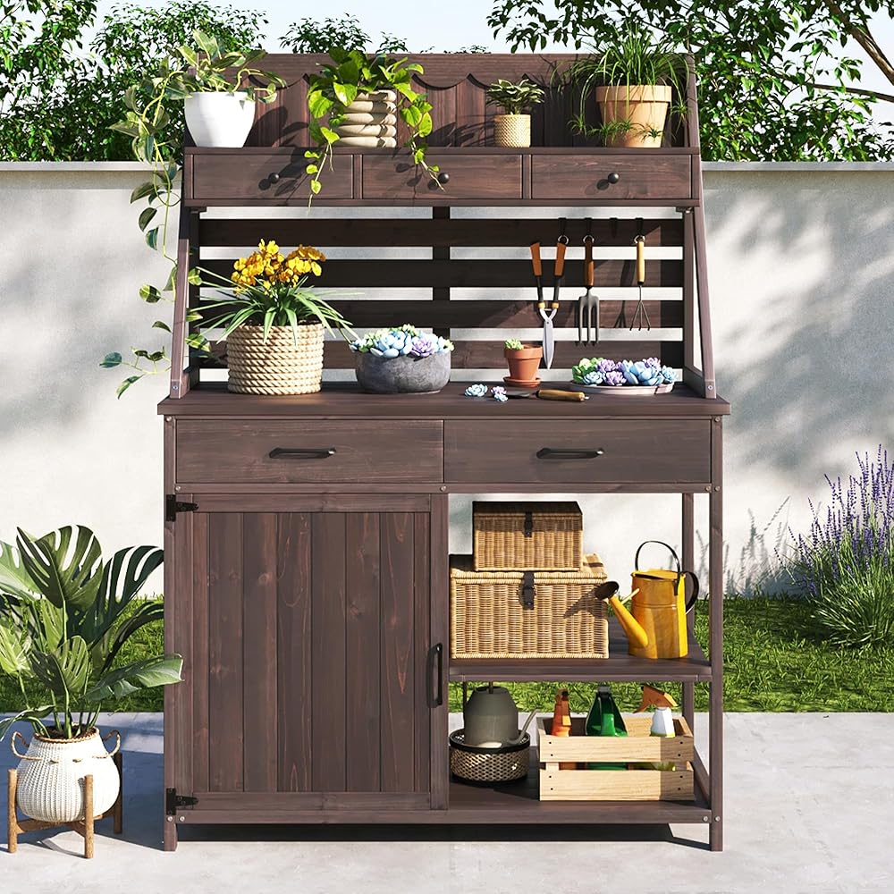 65-Inch Wooden Garden Potting Bench with 5 Drawers