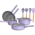 So Yummy by bella 12 Piece Cookware Set w EverGood™ Ceramic Nonstick Coating and Silicone &amp; Wood Utensils, Dishwasher Safe Silicone &amp; Glass Lids, Oven Safe &amp; All Stovetop Compatible, Lavender
