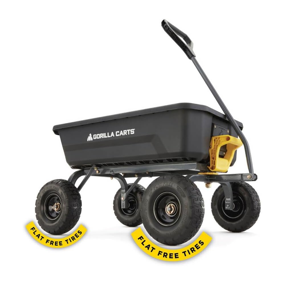 Gorilla Carts Heavy-Duty Dump Cart, Patented Quick-Release Dumping, Steel Frame, 600 lb Capacity, No-Flat 10-Inch Tires, Utility Wagon for Garden, Yard, Beach