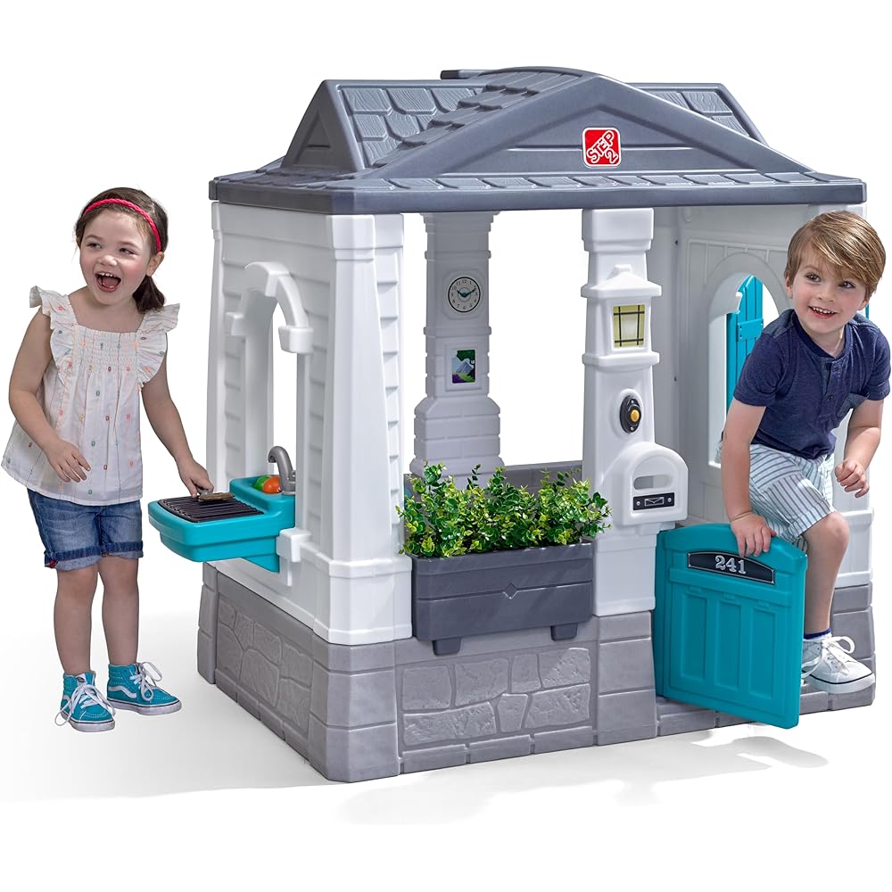 Step2 Neat &amp; Tidy Cottage Kids Playhouse, Indoor/Outdoor Playset, Interactive Play with Sounds, Made of Durable Plastic, for Toddlers 1.5+ Years Old, Grey