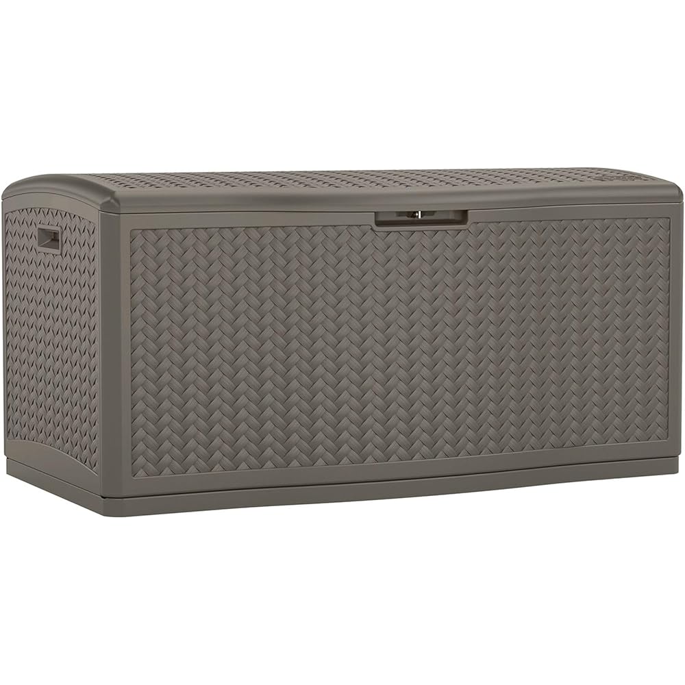 Suncast 124 Gallon Wicker Horizontal Outdoor Deck Box with Hinged Lid, Water-Resistant Storage Solution for Patio, Deck, Yard, and Garage, Stoney, Made in the USA