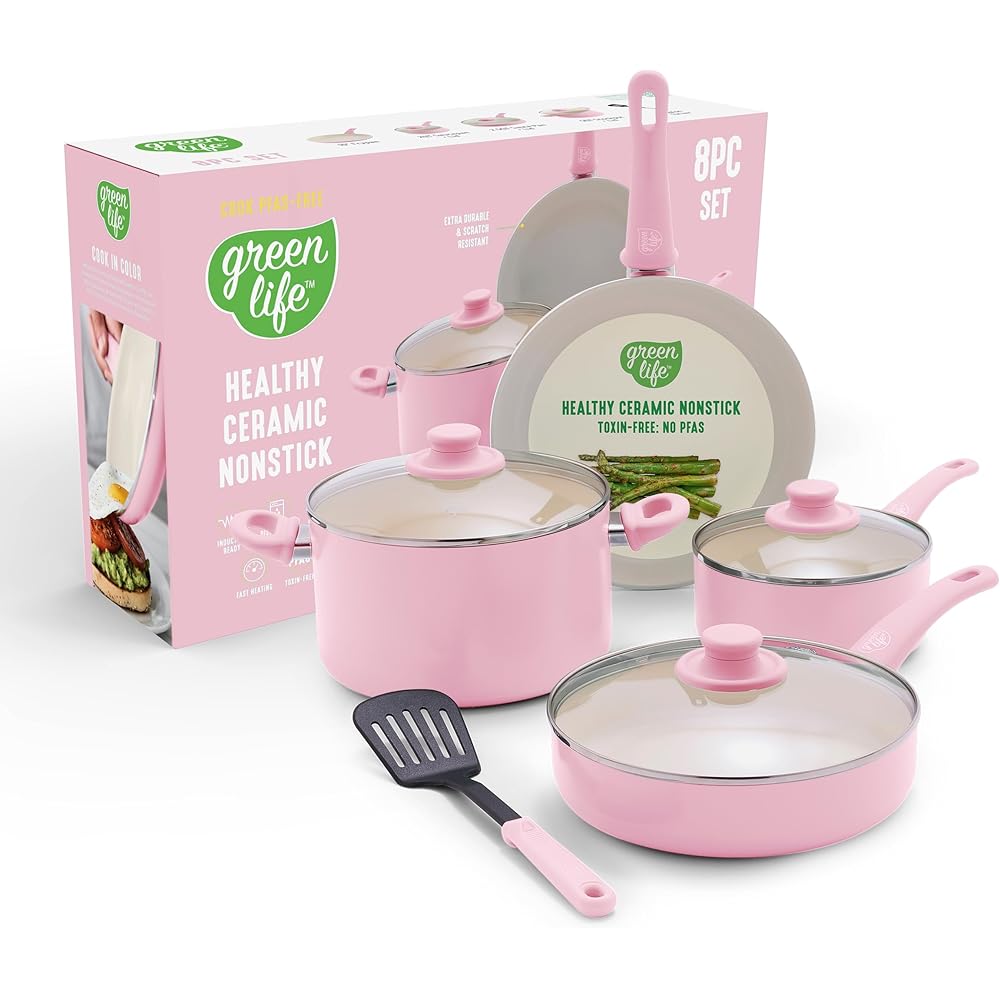 GreenLife 8 Piece Nonstick Cookware Set, Non-Toxic PFAS-Free Ceramic Pots &amp; Pans, Dishwasher &amp; Oven Safe, Frying, Sauce, Stock Pot, Glass Lids, Stay-Cool Handles, Wobble Free, Light Pink