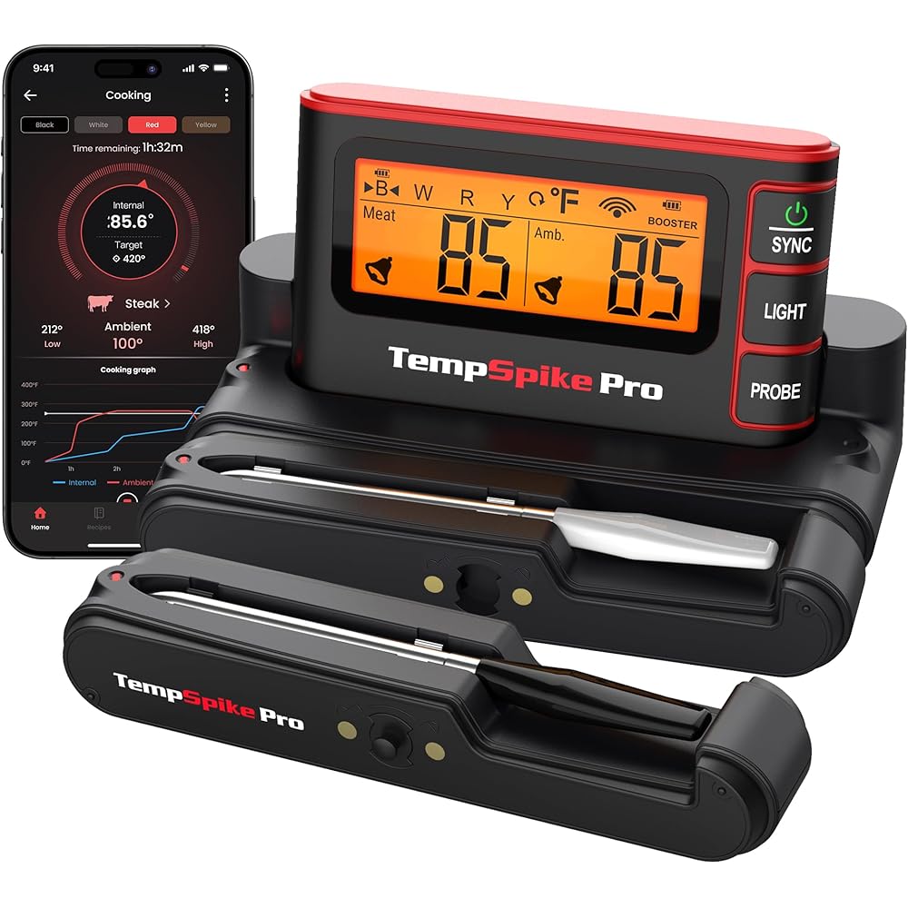 TempSpike Wireless Meat Thermometer Digital with App, WiFi &amp; Bluetooth BBQ Grill Thermometer with High Precision, Waterproof &amp; Heat-Resistant Probes, Rechargeable Base with Display for BBQ Smoker Oven