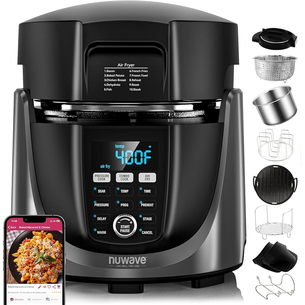 Nuwave Duet Air Fryer, Electric Pressure Cooker &amp; Grill Combo, 540 IN 1 Multicooker with 2 Removable Lids, Slow Cook, Sears, Sautés, 18/10 SS Pot, Sure-Lock Safety Tech &amp; 9 Deluxe Accessories