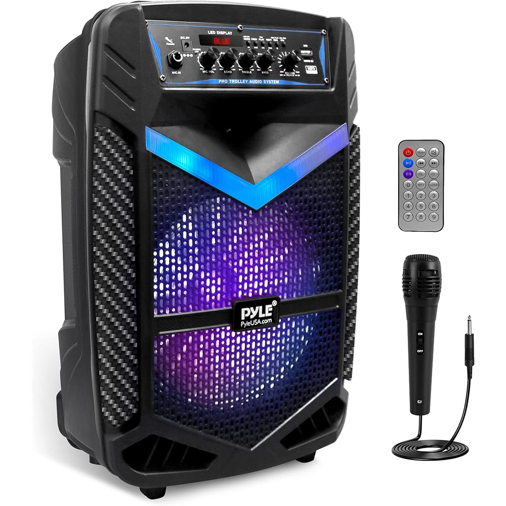 Pyle Portable Bluetooth PA Speaker System 600W Rechargeable Outdoor Bluetooth Speaker Portable PA System w/ 10” Subwoofer 1” Tweeter, Recording Function, Mic In Party Lights USB/SD Radio