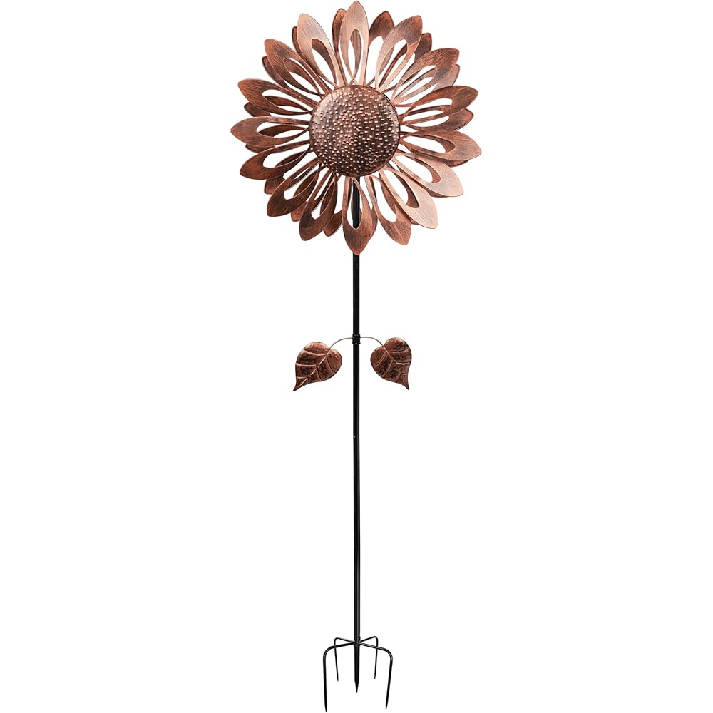 Alpine Corporation SLL2660BZ Sunflower Wind Spinner Stake, Stylish Decor for Garden, Patio, &amp; Lawn, 85" H, Bronze