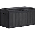 Greesum 100 Gallon Resin Deck Box Large Outdoor Storage Bench with Cushions for Garden Tools, Patio Furniture Pillows, Pool Supplies, Black