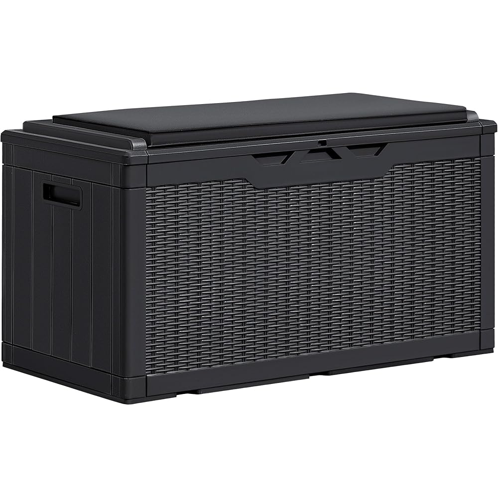 Greesum 100 Gallon Resin Deck Box Large Outdoor Storage Bench with Cushions for Garden Tools, Patio Furniture Pillows, Pool Supplies, Black