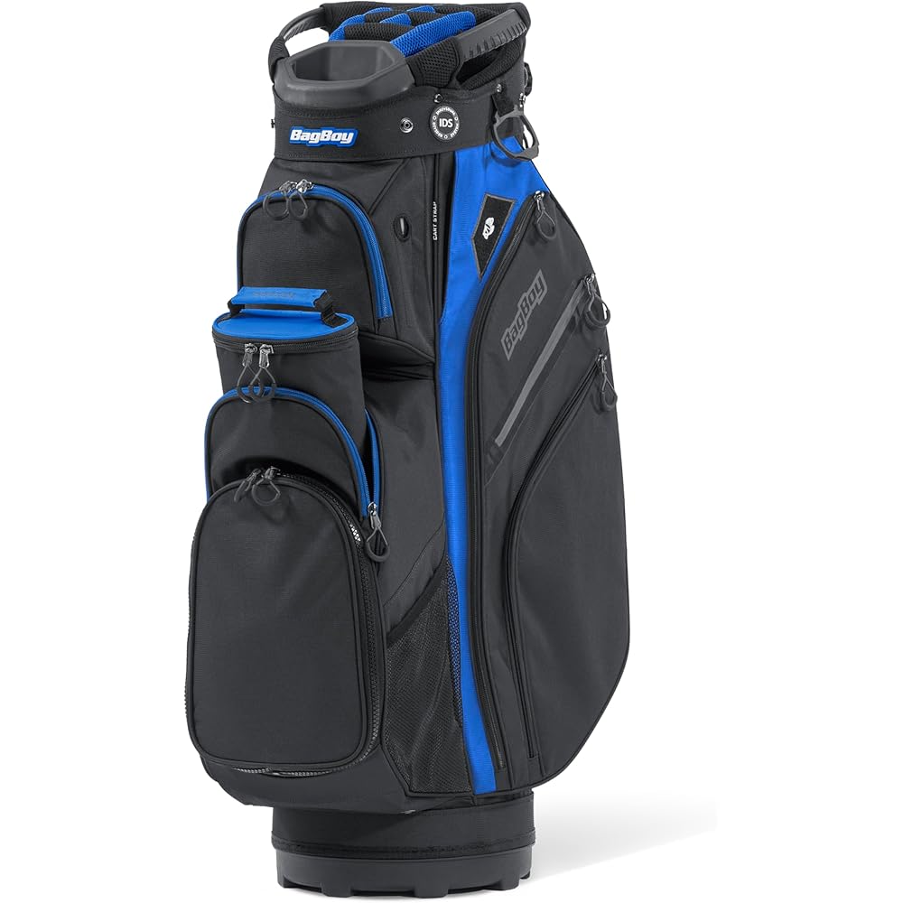 Bag Boy Chiller Pro Golf Cart Bag, 14 Way Top with Full Length Individual Dividers, Rubberized Putter Well, Removable Cooler, 9 Zippered Pockets, Black/Royal/Charcoal
