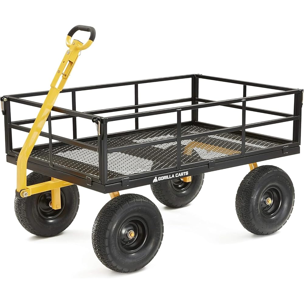 Gorilla Carts GOR1400-COM Steel Utility Garden Cart, Heavy-Duty Convertible 2-in-1 Handle and Removable Sides, 12 cu ft, 1400 lb Capacity, Black