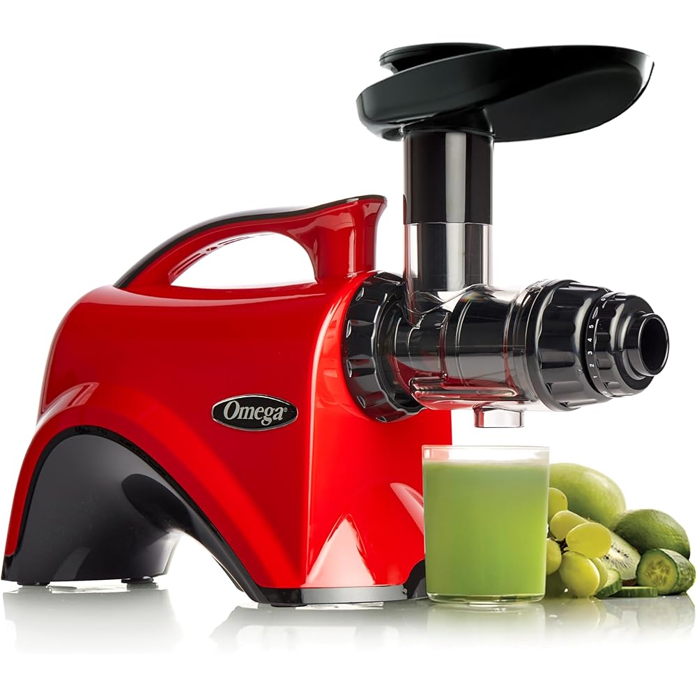 Omega Juicer Premium Vegetable and Fruit Juice Extractor and Nutrition System Makes Nut Milks Baby Food and Sorbets, Adjustable Pressure Settings 80-RPM Slow Masticating Juicer, 150-Watts, Red