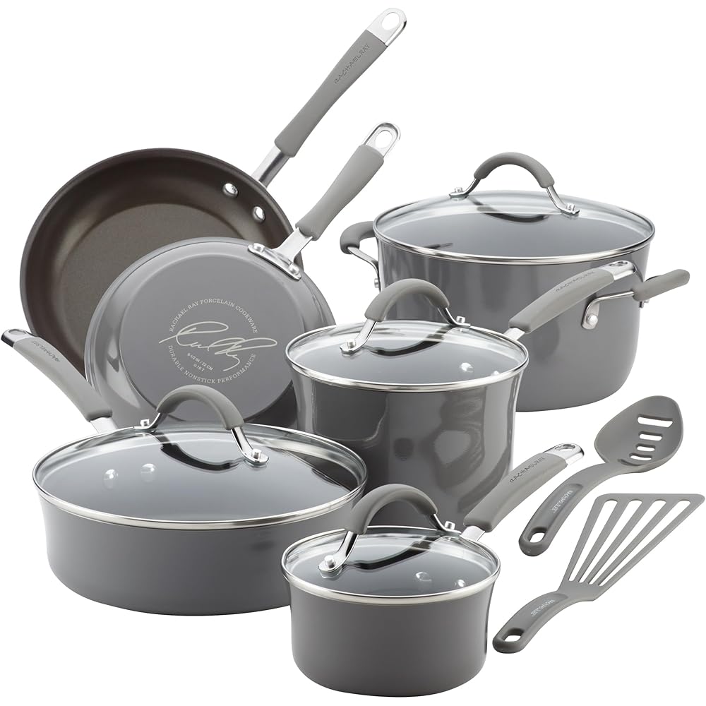 Rachael Ray 16802 Rachael Ray Cucina Nonstick Cookware Pots and Pans Set, 12 Piece, Sea Salt Gray