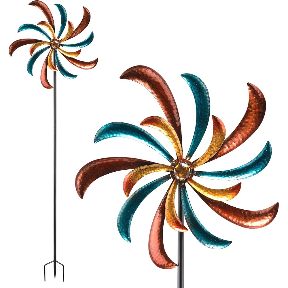 Alpine Corporation 63" Tall Outdoor Curved Blade Windmill Stake Kinetic Spinner, Multicolor