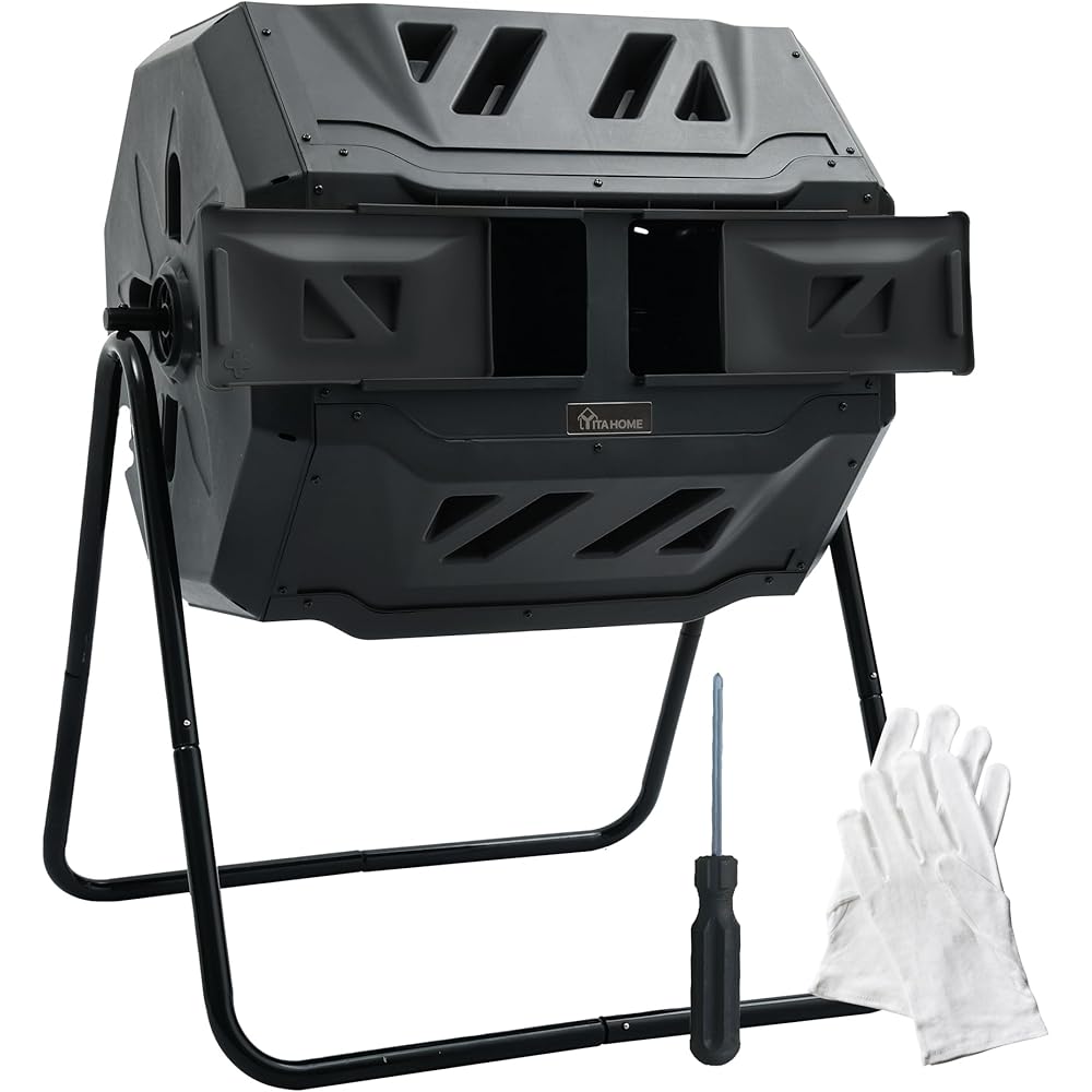 YITAHOME Large Outdoor Dual Bin Composter Tumbling, 43 Gallon Rotating Compost Bin with 2 Sliding Doors and Aeration System, Garden Compost Tumbler, BPA Free (2 x 21.5 Gallon,Black)
