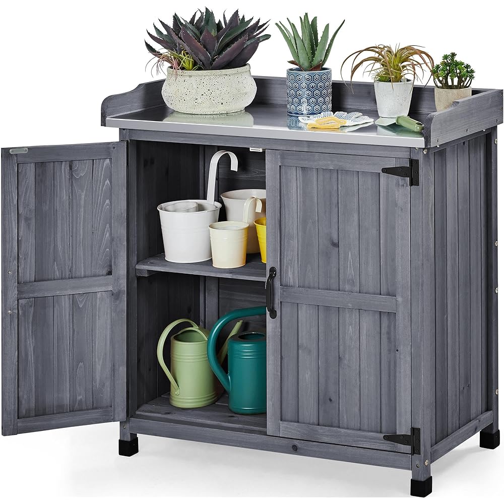 Yaheetech Garden Potting Bench Table, Outdoor Garden Horticultural Wooden Storage Cabinet &amp; Solid Wood Planting Work Bench with Large Space Storage &amp; Metal-Plated Tabletop, Gray