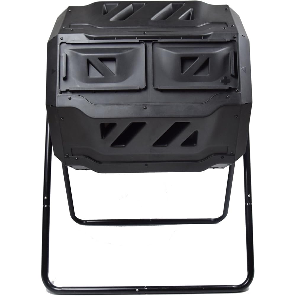 MaxWorks 80699 Compost Bin Tumbler for Garden and Outdoor, 42 Gallon Capacity with 2 Chambers Dual Rotating Composting Tumbler , Black