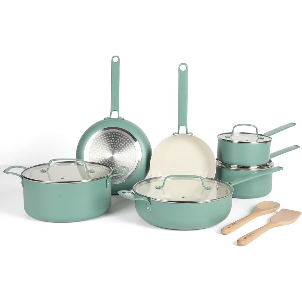 Martha Stewart Emmeline Premium Nonstick PFA Free Ceramic Interior 12 Piece Heavy Gauge Enamel Aluminum Pots and Pans Cookware Set Teal