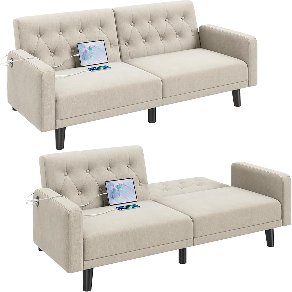 Yaheetech 63-Inch Convertible Reclining Futon Sofa Bed (Beige)