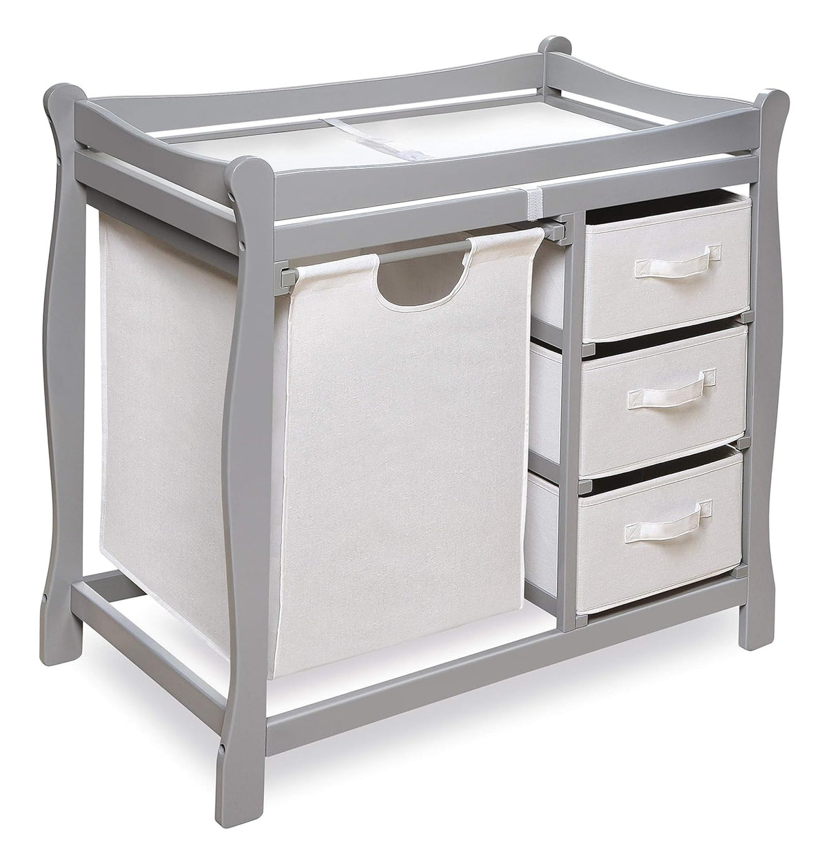 Badger Basket Sleigh-Style Baby Changing Table Diaper Changing Station with 3 Storage Baskets Nursery Organizer with Hamper, Changing Pad, Safety Rails Gray