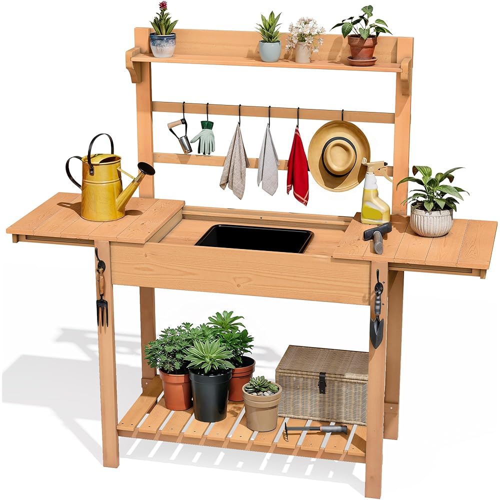 DWVO Outdoor Wooden Potting Bench Table with Sink and Sliding Top