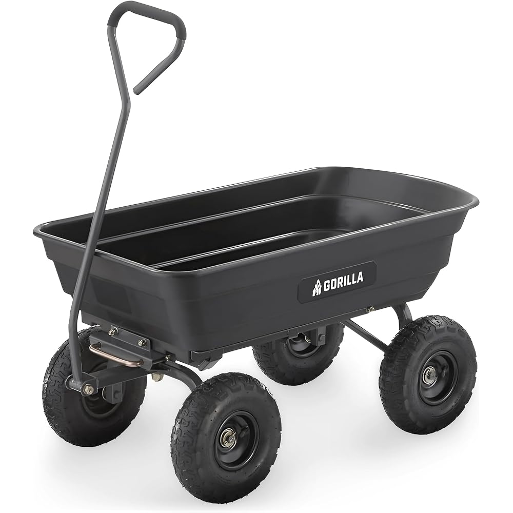 Gorilla Carts Heavy Duty Poly Utility Dump Wagon Garden Cart w/ Pneumatic Tires, 4 Cu Ft 600 lb Capacity Outdoor Wheelbarrow for Yard, Landscaping &amp; Gardening