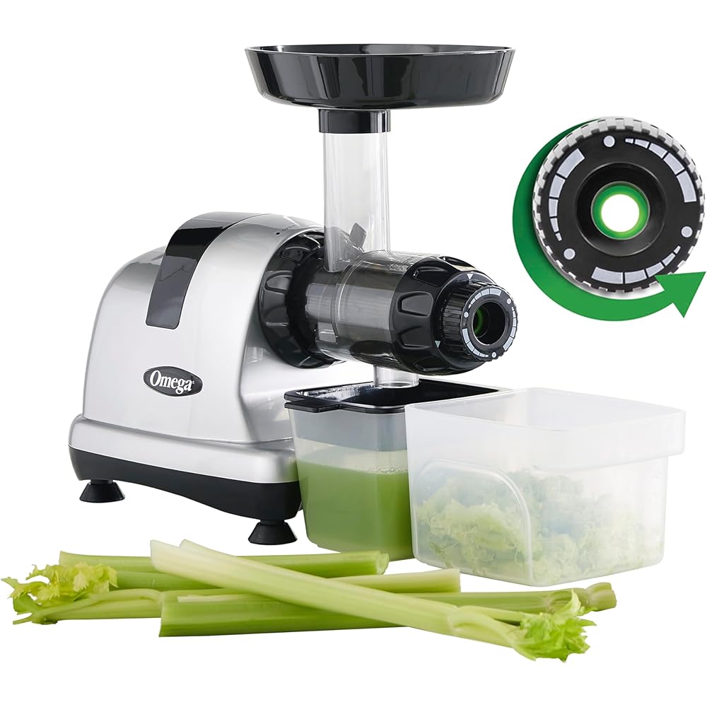 Omega Masticating Juicer, Cold Press Juicer Machine For Celery with Adjustable Dial, 200-Watts, Silver