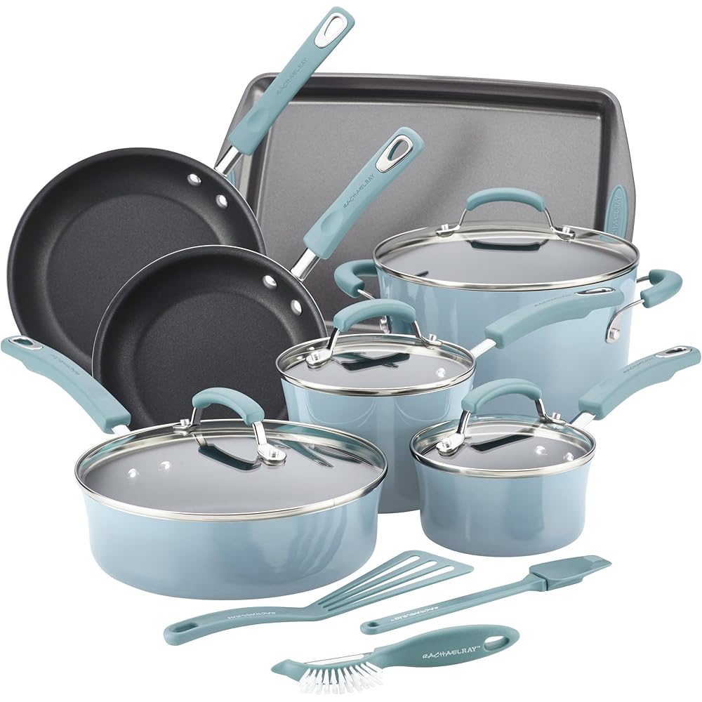 Rachael Ray Brights Nonstick Pots and Pans, Includes Crispy Sheet Baking Pan/Bakeware and Kitchen Cooking Tools, 14 Piece Cookware Set Sky Blue