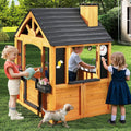 Jocoevol Kids Outdoor Playhouse, Cedar Wooden Kids Playhouse with Play Kitchen, Pet Door, Sink, Stove, Cookware, Windows, Flowerpot Holders, Ringing doorbell, Cottage Play House for Backyard