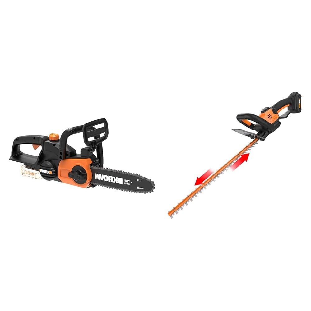 Worx 20V 10" Auto-Tension Cordless Chainsaw &amp; 22" Dual-Action Cordless Hedge Trimmer Bundle