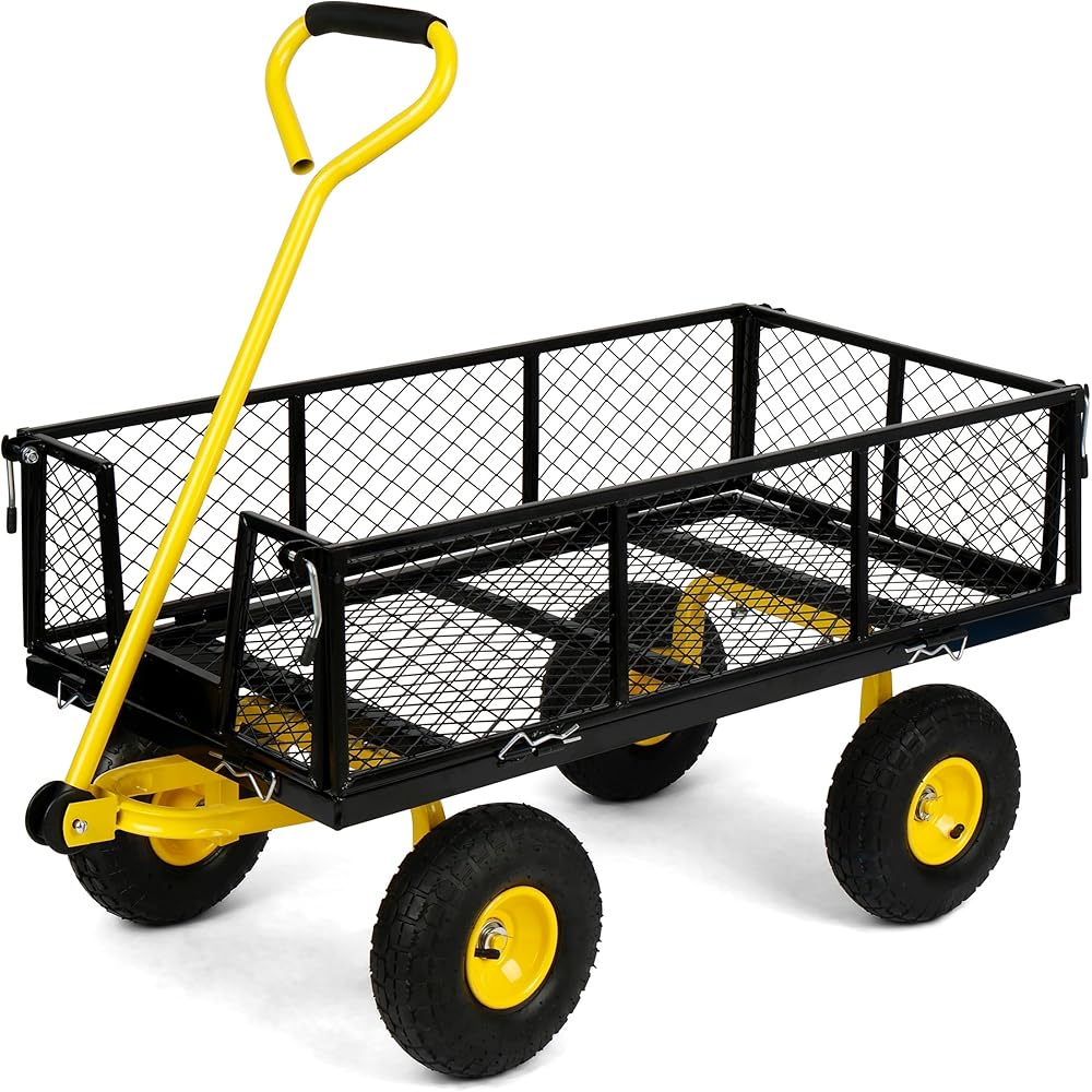 Simpli-Magic Heavy Duty 1100 Lbs Capacity Mesh Steel Garden Cart Folding Utility Wagon Yard Cart with Removable Sides and Large Wheels