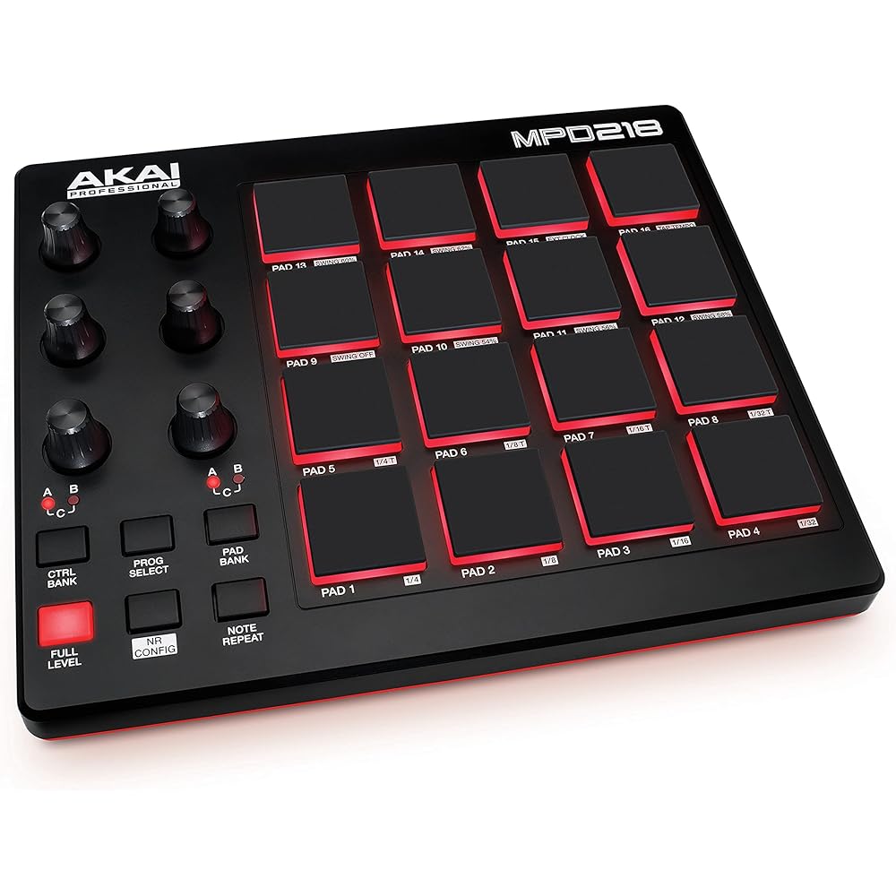 AKAI Professional MPD218 USB MIDI Controller with 16 MPC Drum Pads, 6 Assignable Knobs, Note Repeat &amp; Full Level Buttons and Production Software