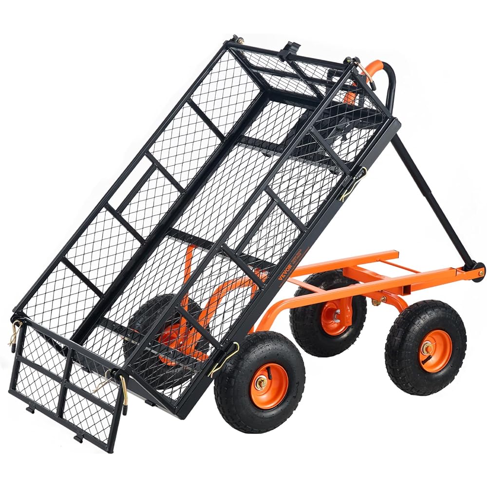 VEVOR 880lbs Steel Garden Dump Cart Utility Wagon, Heavy Duty Yard Dump Wagon Cart with Removable Sides, Pullable Handle, Utility Liner, 10in All Terrain Wheels